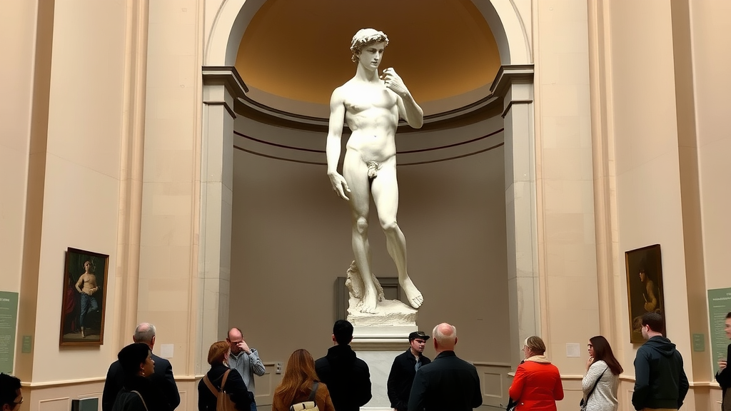 Michelangelo's David statue in Florence, Italy, with visitors admiring it.