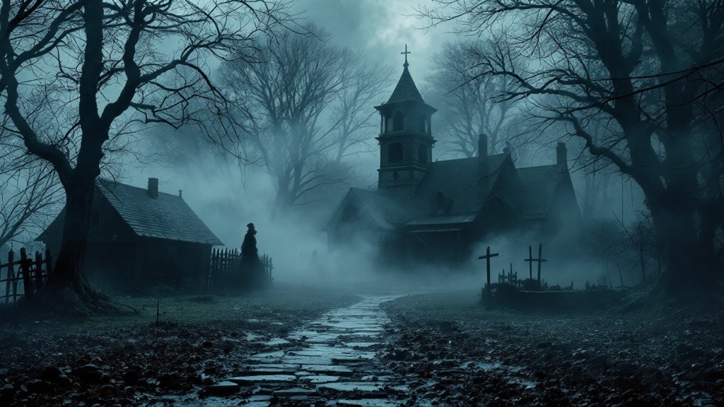 A foggy scene in Salem, Massachusetts, featuring barren trees, an old church, and a figure shrouded in mist.