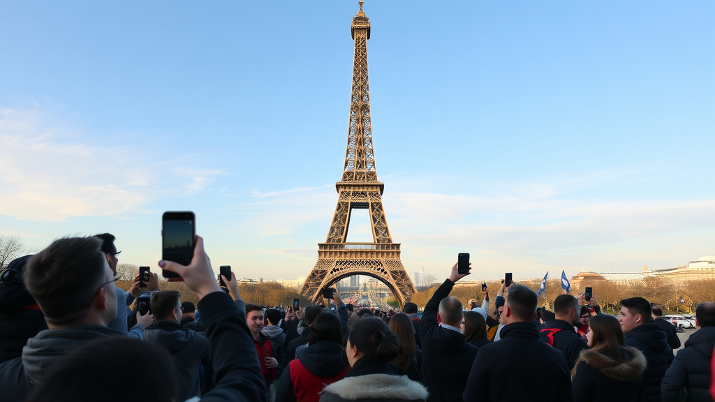 A crowded scene near the Eiffel Tower with people taking photos and enjoying street food.