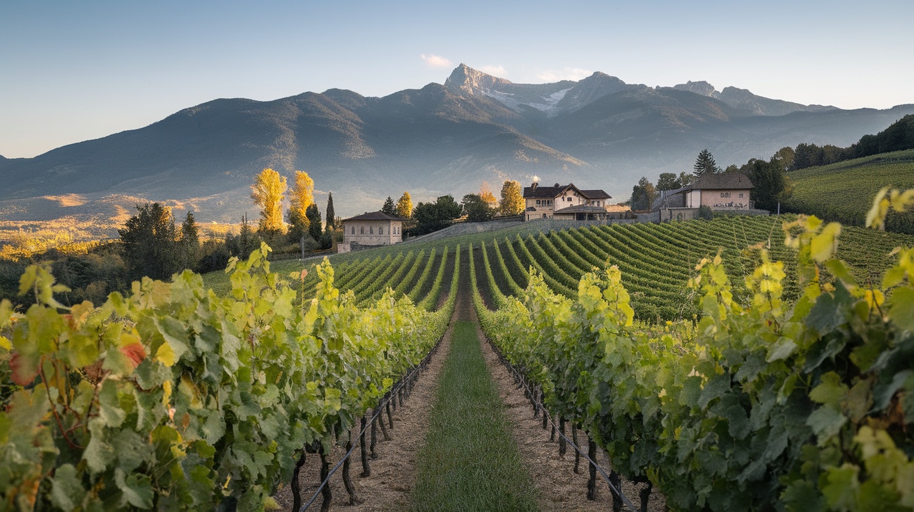 Vineyards in Friuli-Venezia Giulia, Italy, with mountains in the background.