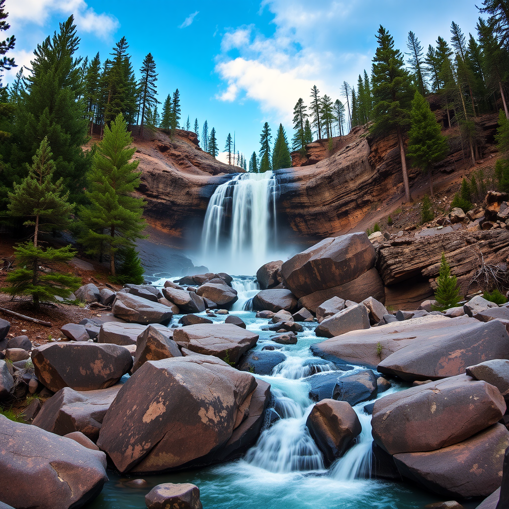 A breathtaking view of Athabasca Falls with cascading water, surrounded by tall trees and rocky terrain.