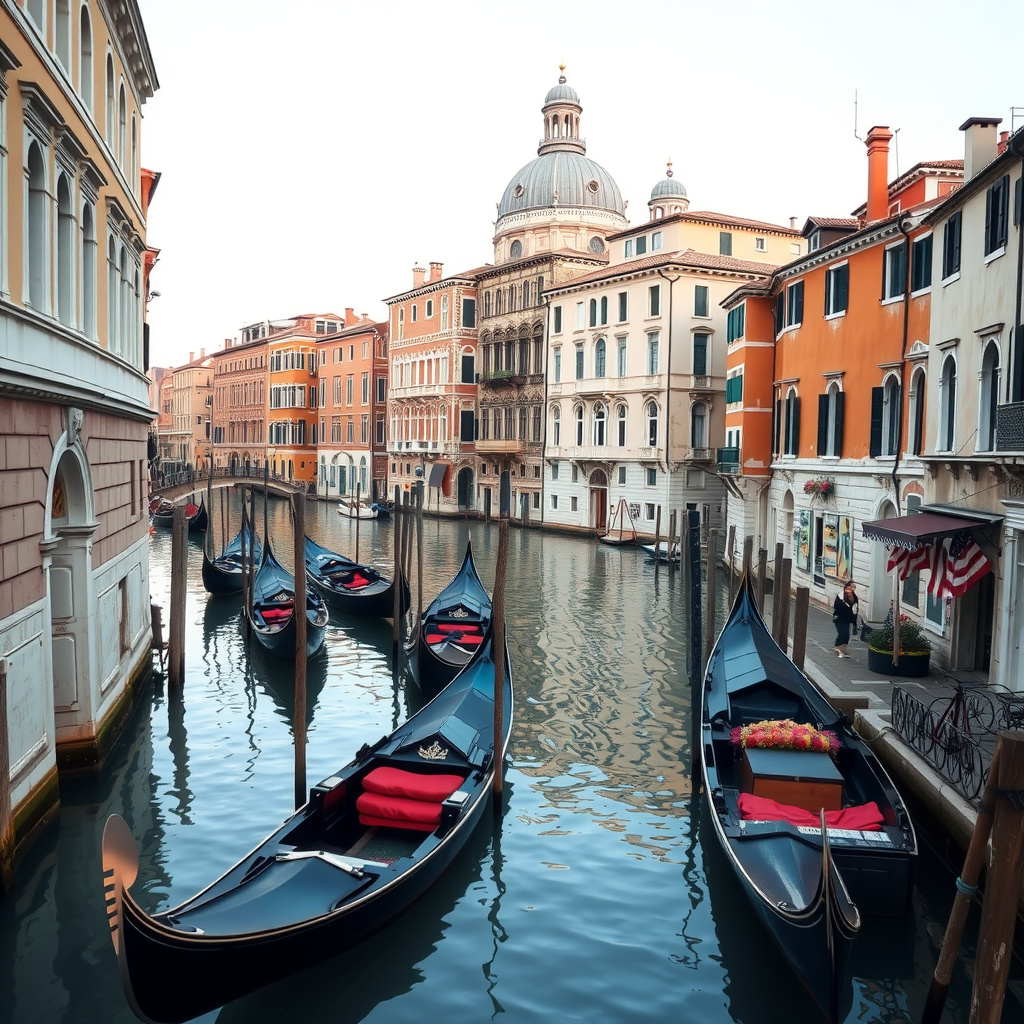 Gondolas floating in the serene canals of Venice with colorful buildings in the background.