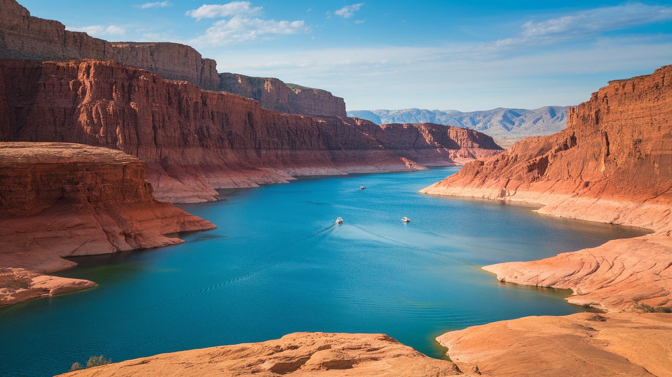 A scenic view of Flaming Gorge, showcasing red rock formations and blue waters.