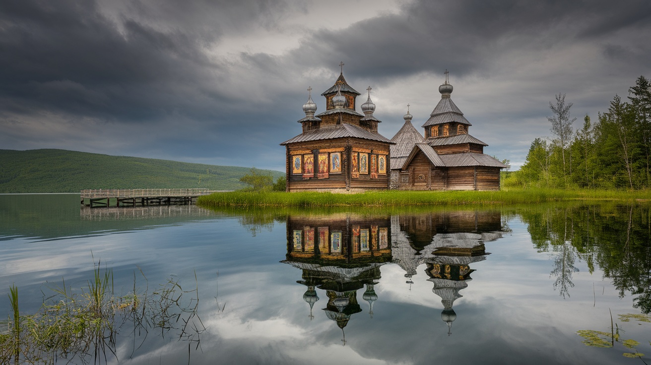 A picturesque view of wooden churches on Kizhi Island, surrounded by water and greenery.