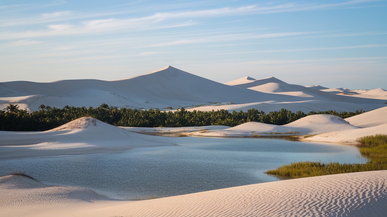 Landscape of Lençóis Maranhenses showing white sand dunes and calm lagoons.