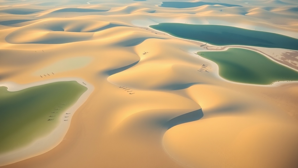 Aerial view of Lençóis Maranhenses National Park showing sand dunes and blue lagoons.