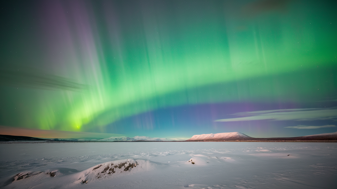 A stunning display of the Northern Lights over a snowy landscape in Iceland, showcasing vibrant greens and purples in the night sky.