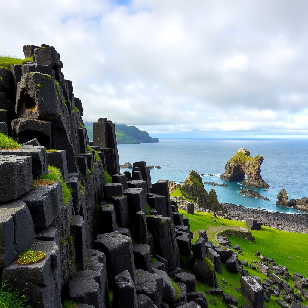 Basalt columns along a coastal landscape with a view of the sea and cliffs.