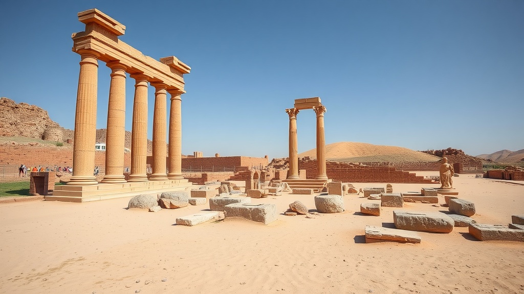 Ruins of Timgad, Algeria with towering columns and scattered stones.