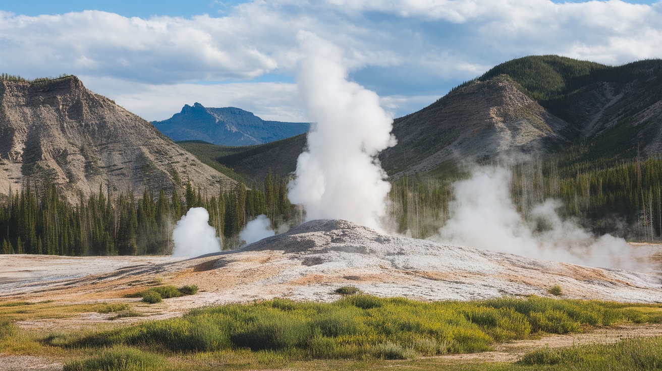 Valley of Geysers in Kamchatka with geysers and mountains in the background.