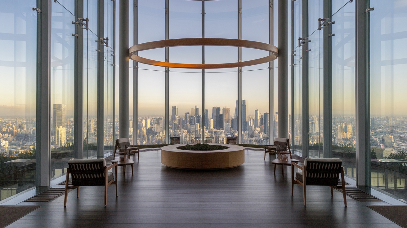 Interior view of Aman Tokyo showcasing a modern design with city skyline through large glass windows.