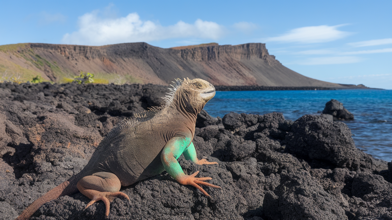 Marine iguana on volcanic rocks with blue ocean and cliffs in the background.