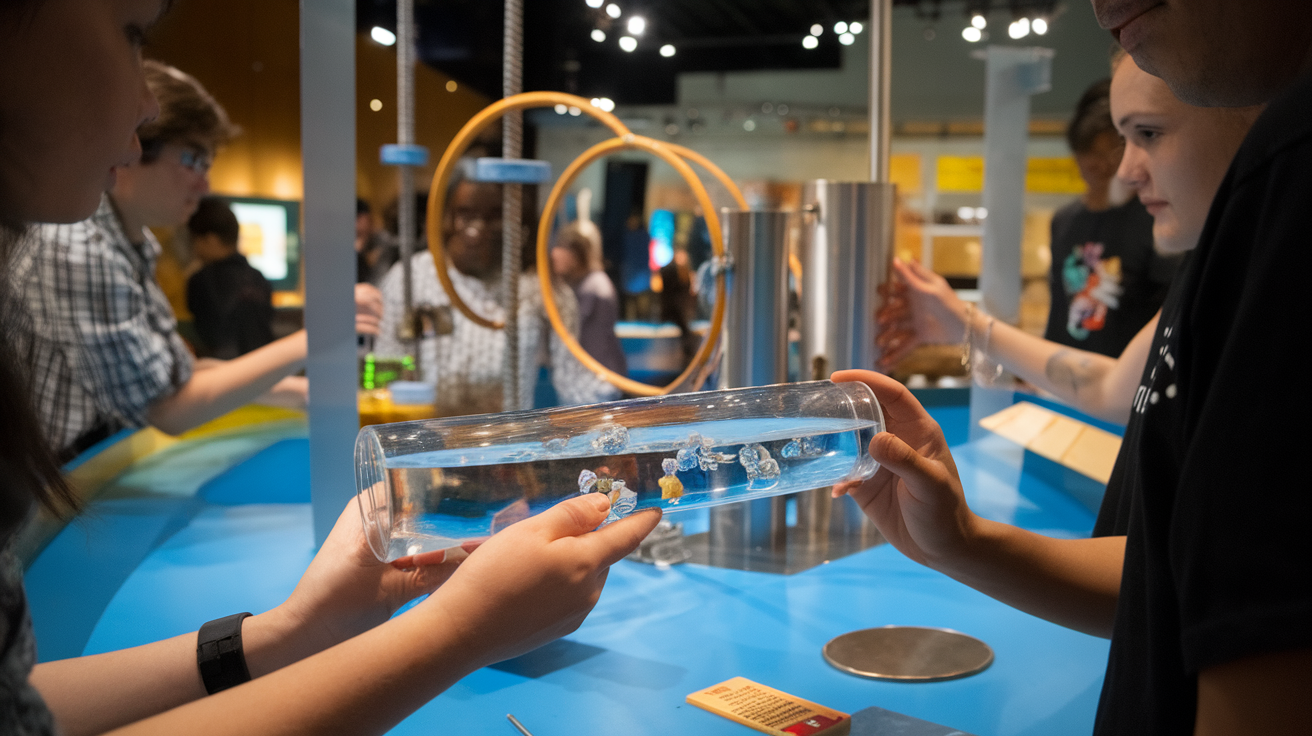 Visitors engaging with interactive science exhibits at the Exploratorium.