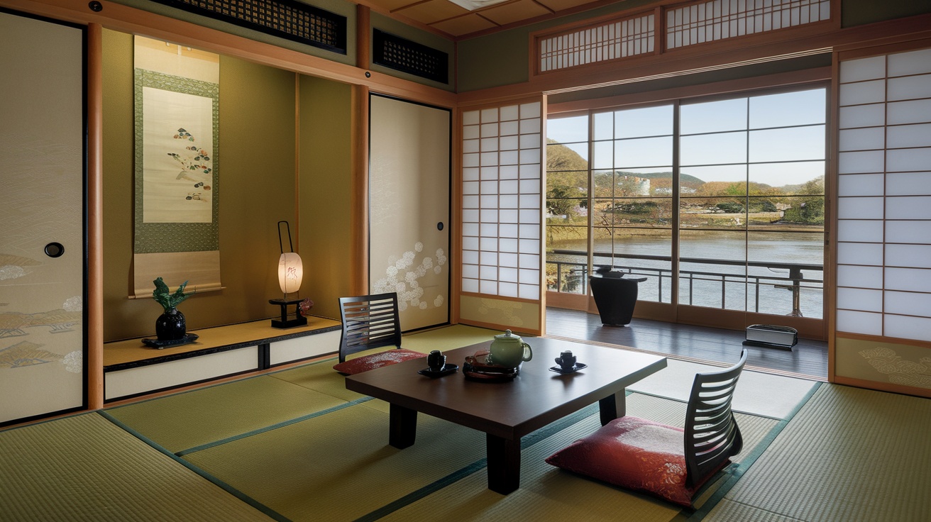 Luxurious room at the Ritz-Carlton in Kyoto with traditional Japanese decor and scenic views