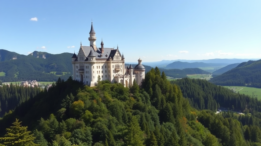 A picturesque view of Neuschwanstein Castle surrounded by lush greenery and mountains.