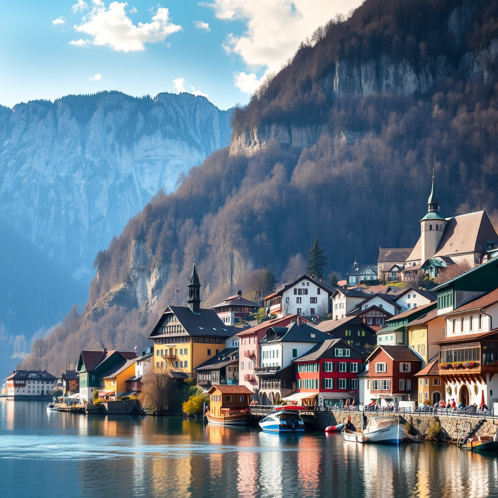 A scenic view of Hallstatt, Austria, featuring colorful houses, a church steeple, and mountains in the background.