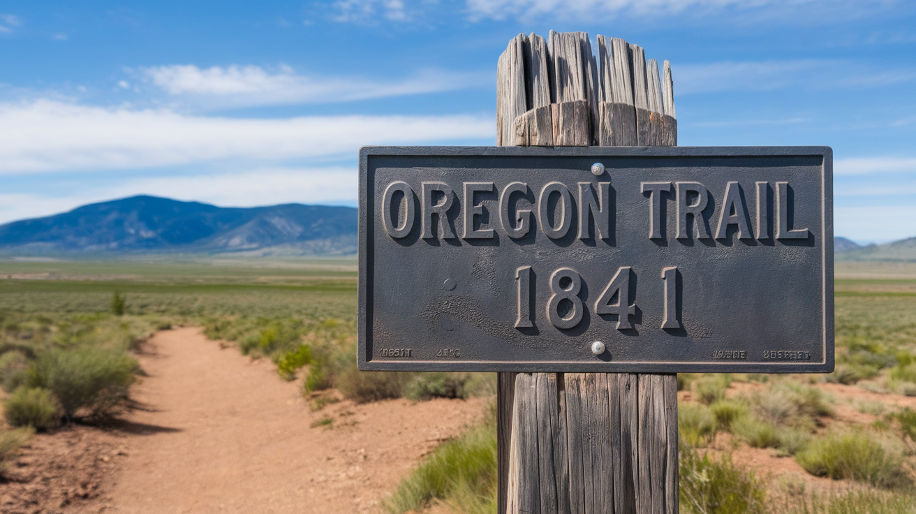 Historical marker of the Oregon Trail in Wyoming with mountains in the background.