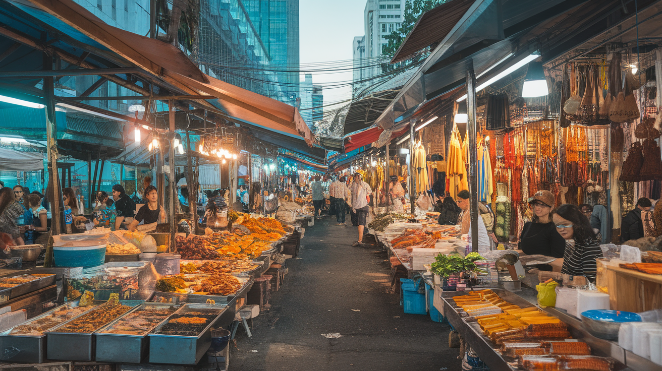 A bustling market in Bangkok with vendors selling food and crafts under colorful awnings.