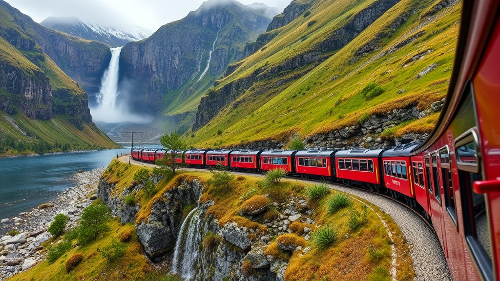 A scenic view from the Flam Railway in Norway, showcasing mountains and waterfalls.