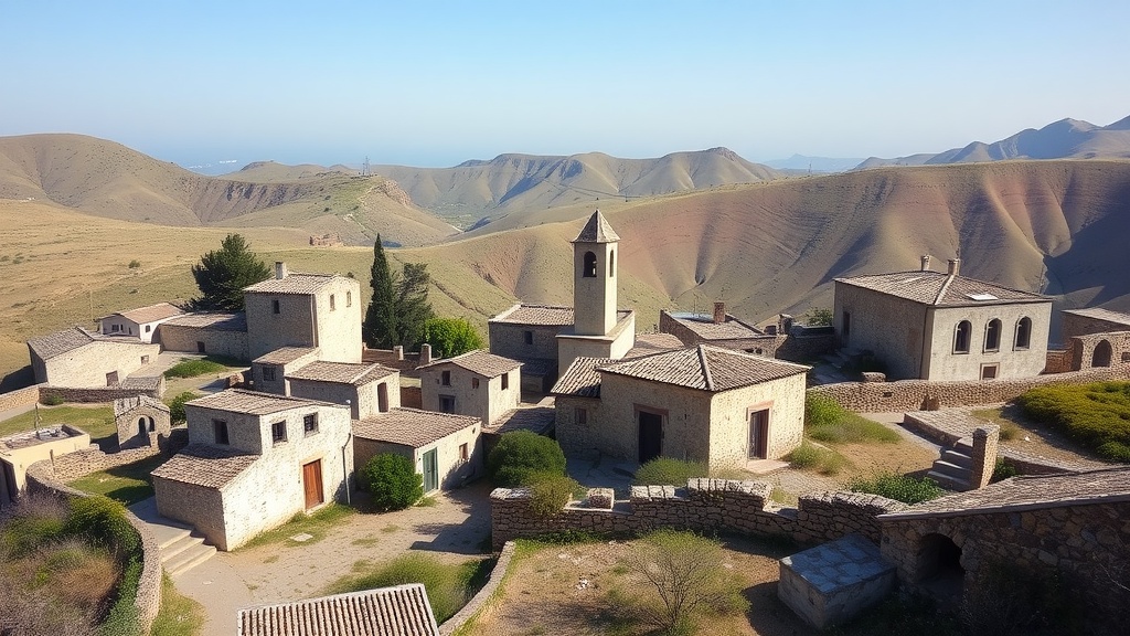 Aerial view of the abandoned city of Craco in Italy, featuring old stone buildings and a mountainous landscape.