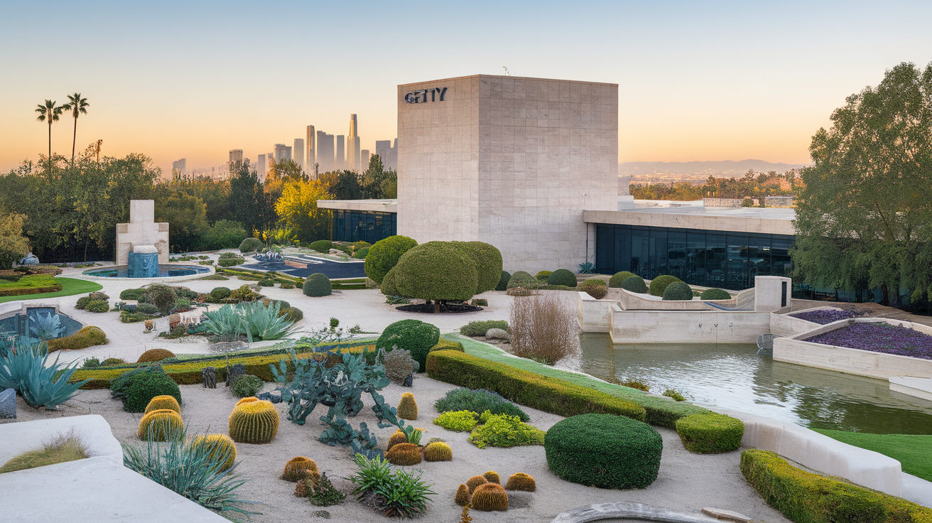 The Getty Center with modern architecture and beautifully landscaped gardens against a sunset backdrop.