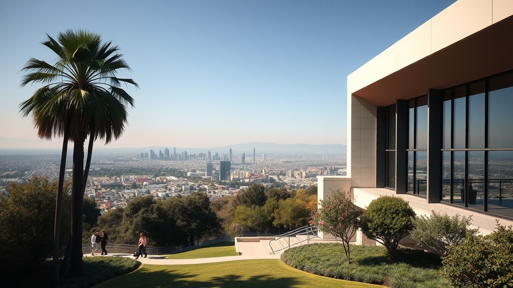 The Getty Center with palm trees and a view of Los Angeles skyline.