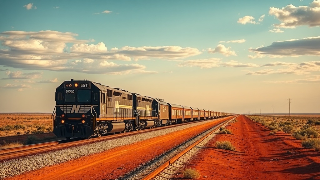 A train traveling through a scenic desert landscape in Australia.