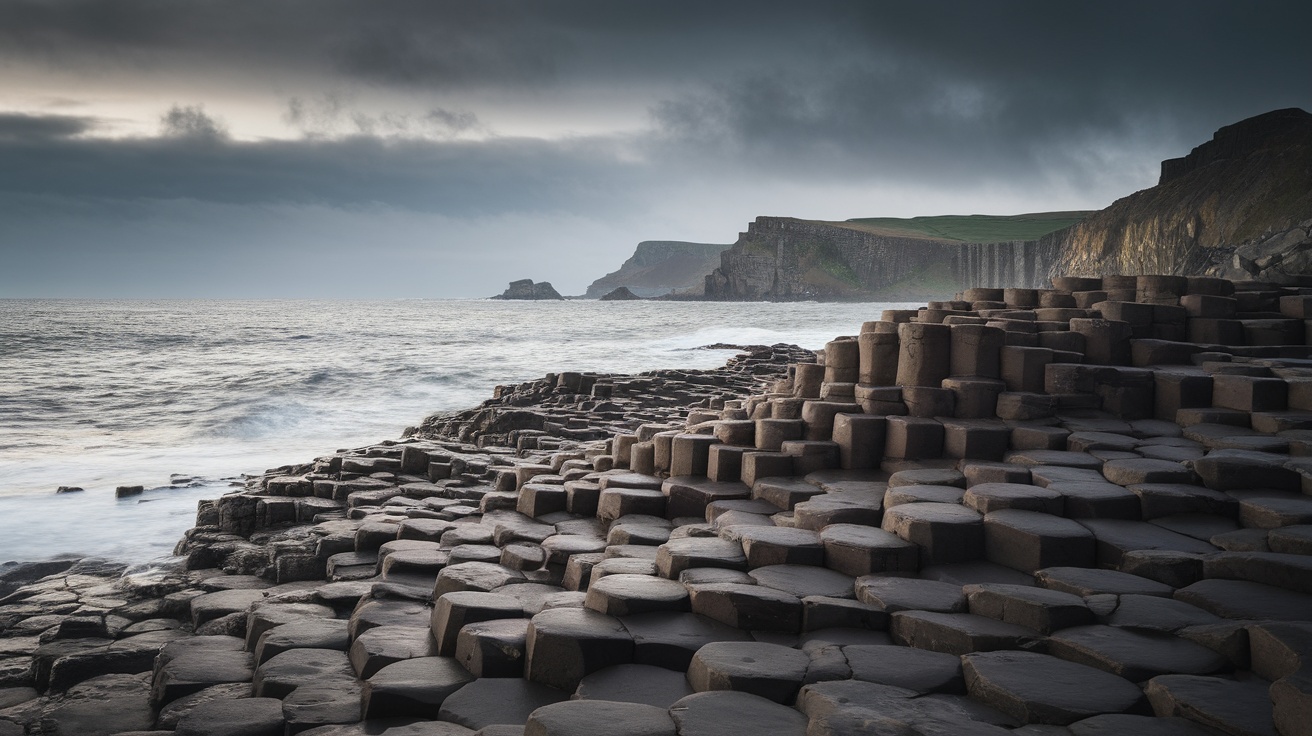 The Giant's Causeway with its unique hexagonal basalt columns against a dramatic coastal backdrop.