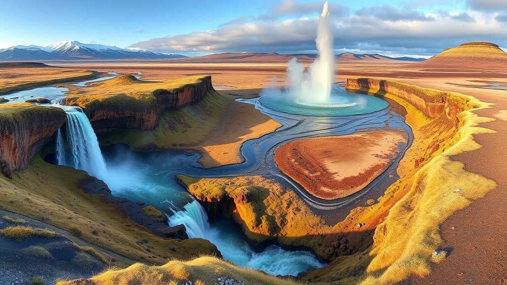 A panoramic view of a stunning landscape featuring a waterfall and a geyser in Iceland.