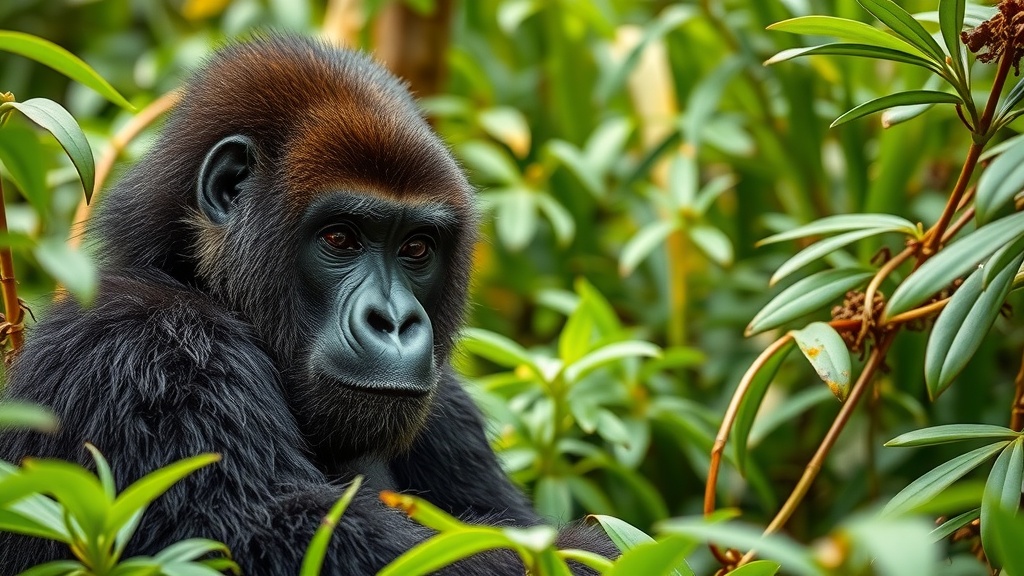 A close-up of a mountain gorilla surrounded by green foliage in Volcanoes National Park, Rwanda.