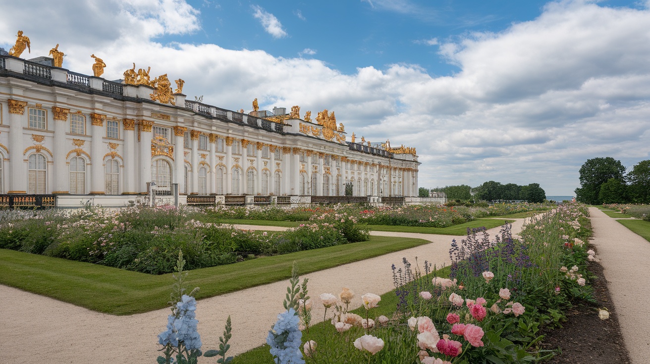 The Grand Catherine Palace surrounded by gardens and blue sky.