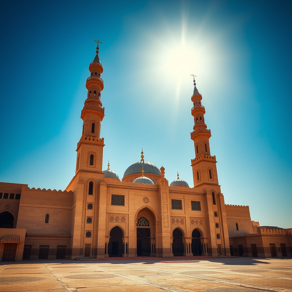 The Great Mosque of Djenné with towering minarets under a bright sun.