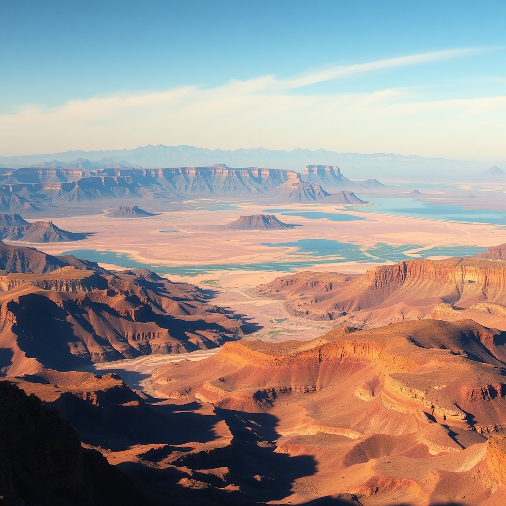 A panoramic view of the Great Rift Valley, showcasing its dramatic landscape with mountains, plateaus, and valleys under a clear sky.