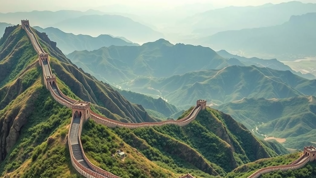 A panoramic view of the Great Wall of China winding through green mountains.