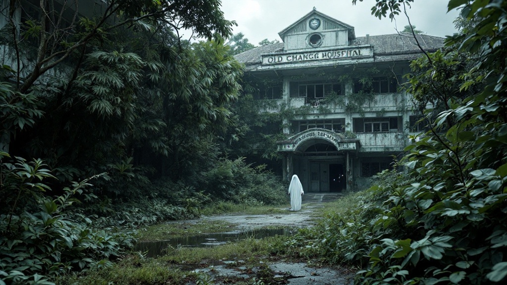 Old Changi Hospital surrounded by overgrown vegetation, hinting at its haunting history.