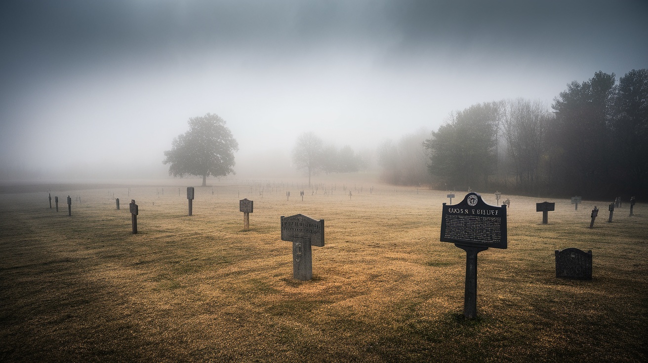 A foggy cemetery scene with shadowy figures and a historical marker.