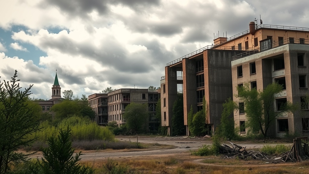 Abandoned buildings in Pripyat, Ukraine, with greenery overtaking the structure.