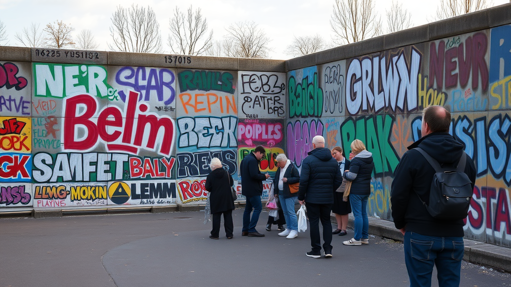 People gathered near the Berlin Wall covered in colorful graffiti.