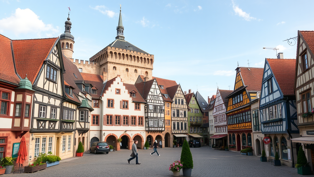 Historic buildings in Nuremberg with colorful facades and a castle in the background.