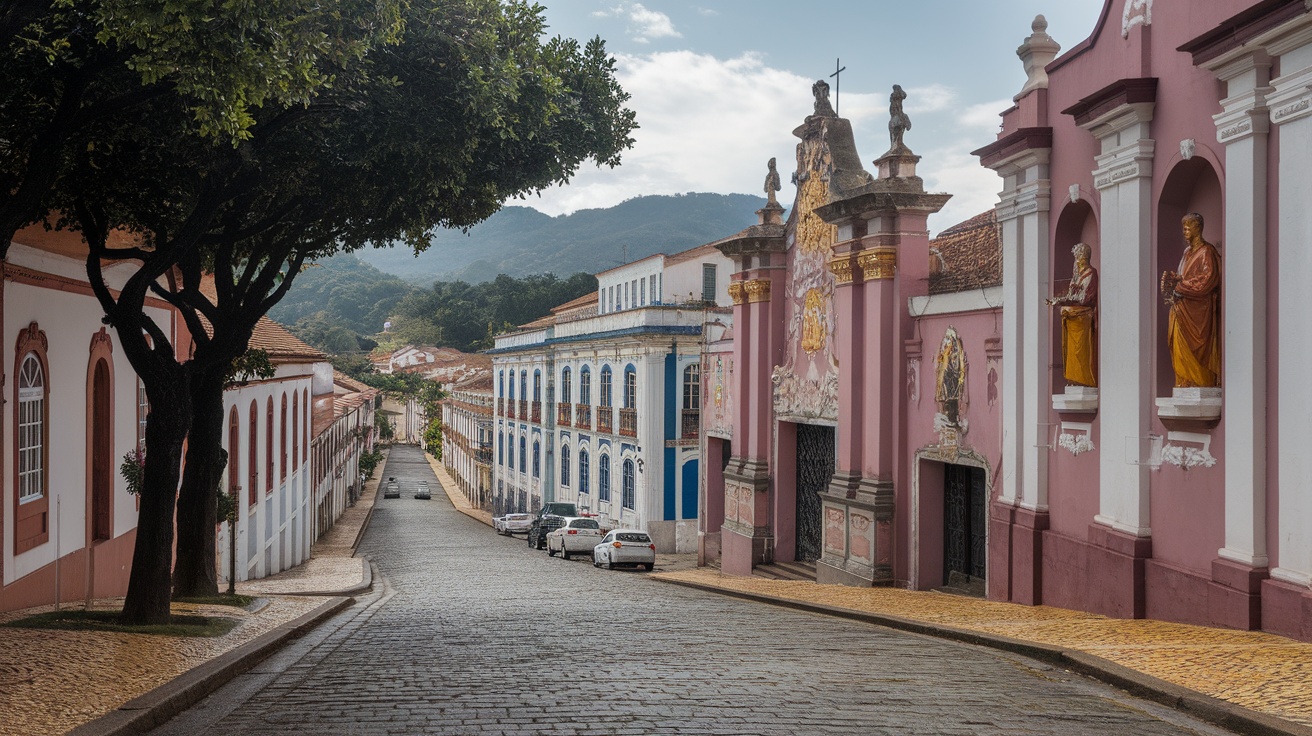 Street view of Ouro Preto with historic buildings and trees.