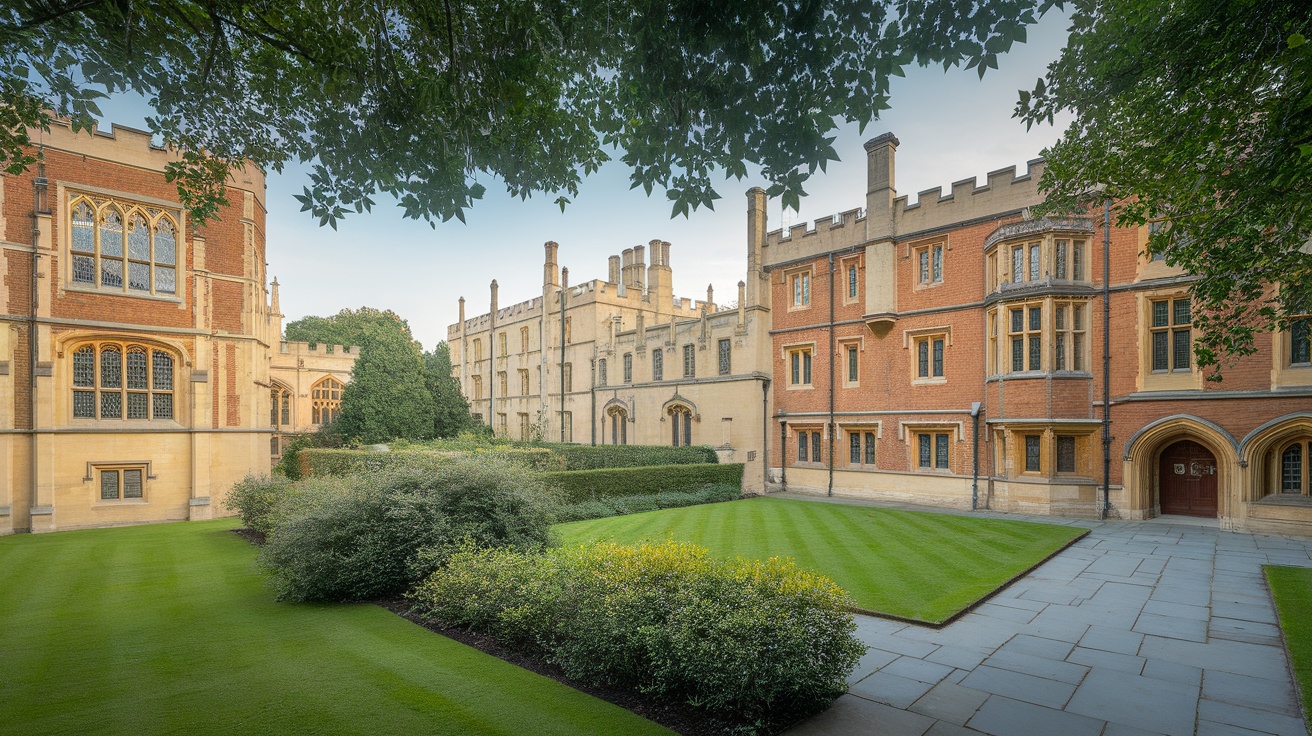 A view of historical buildings and manicured gardens in Oxford