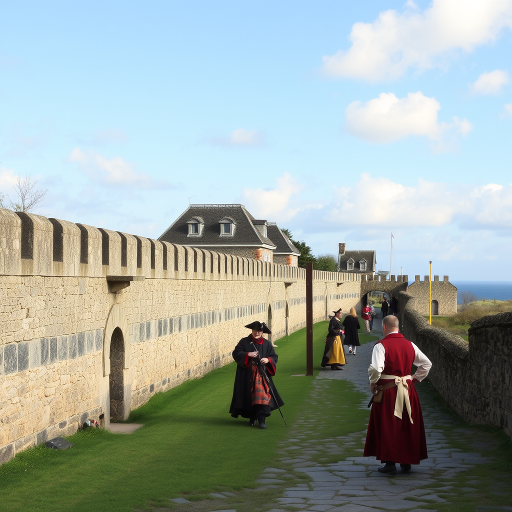 Visitors walking along the historic walls of the Fortress of Louisbourg with a clear blue sky.