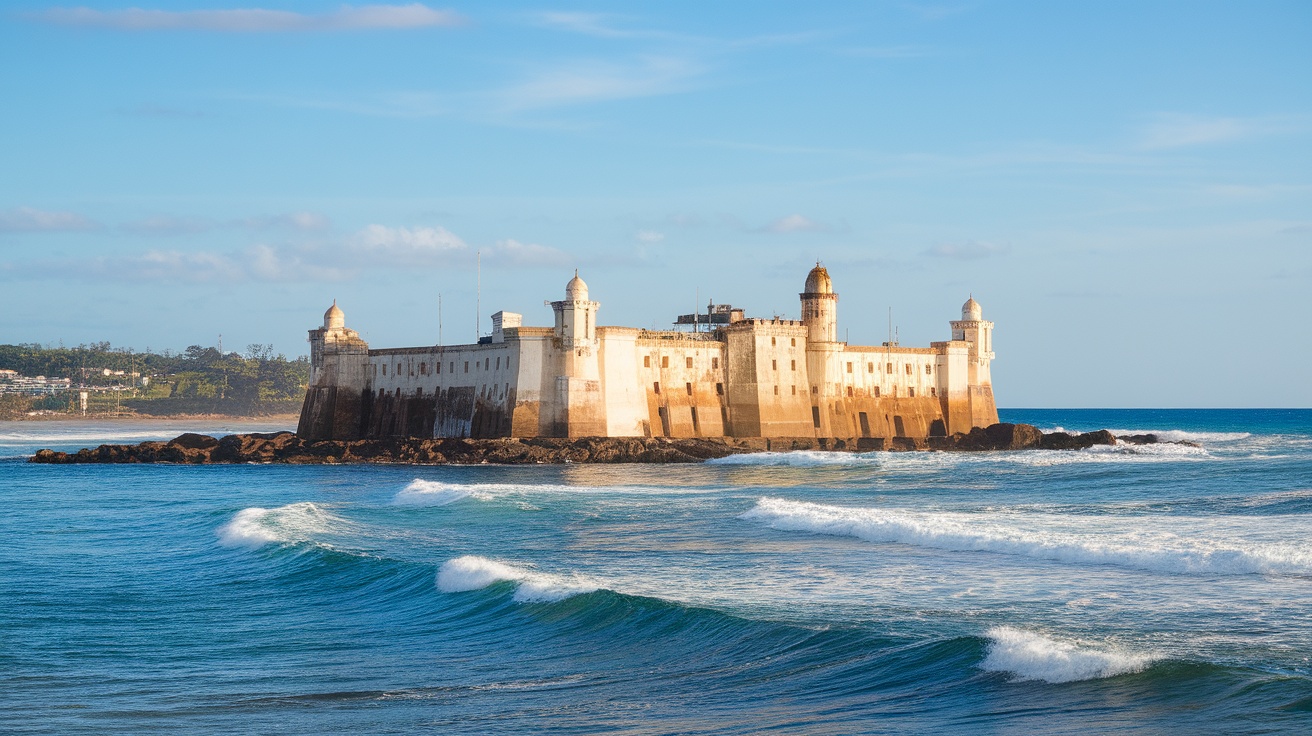 Historic fort in Salvador surrounded by ocean waves