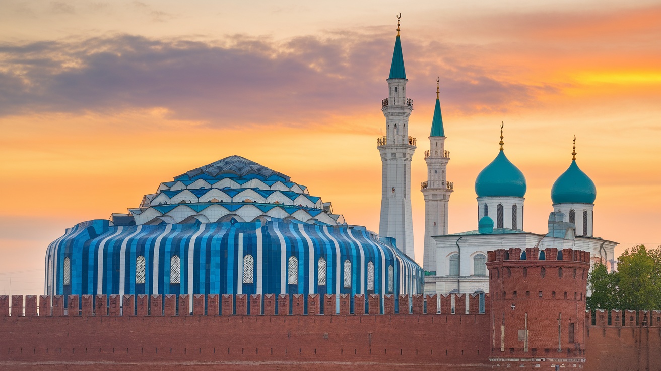 A view of the Kazan Kremlin with its colorful mosque and historic walls during sunset.