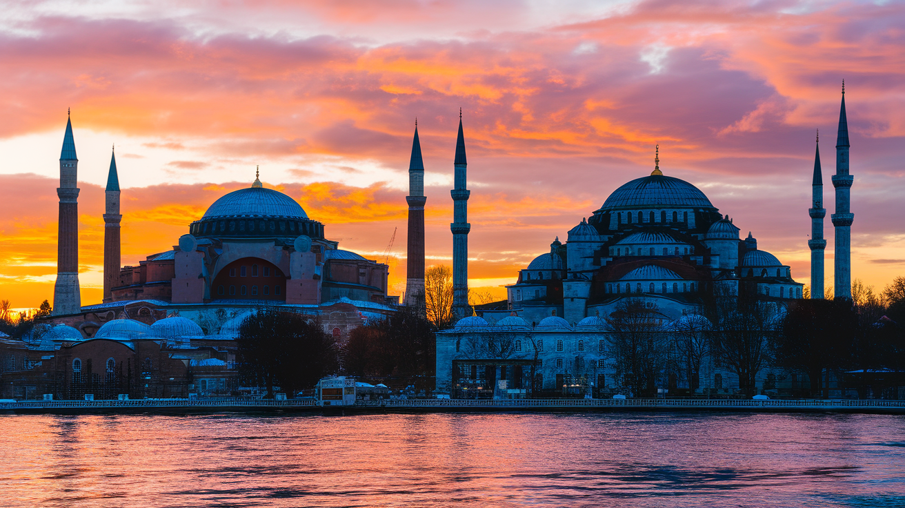 Hagia Sophia and Blue Mosque in Istanbul at sunset