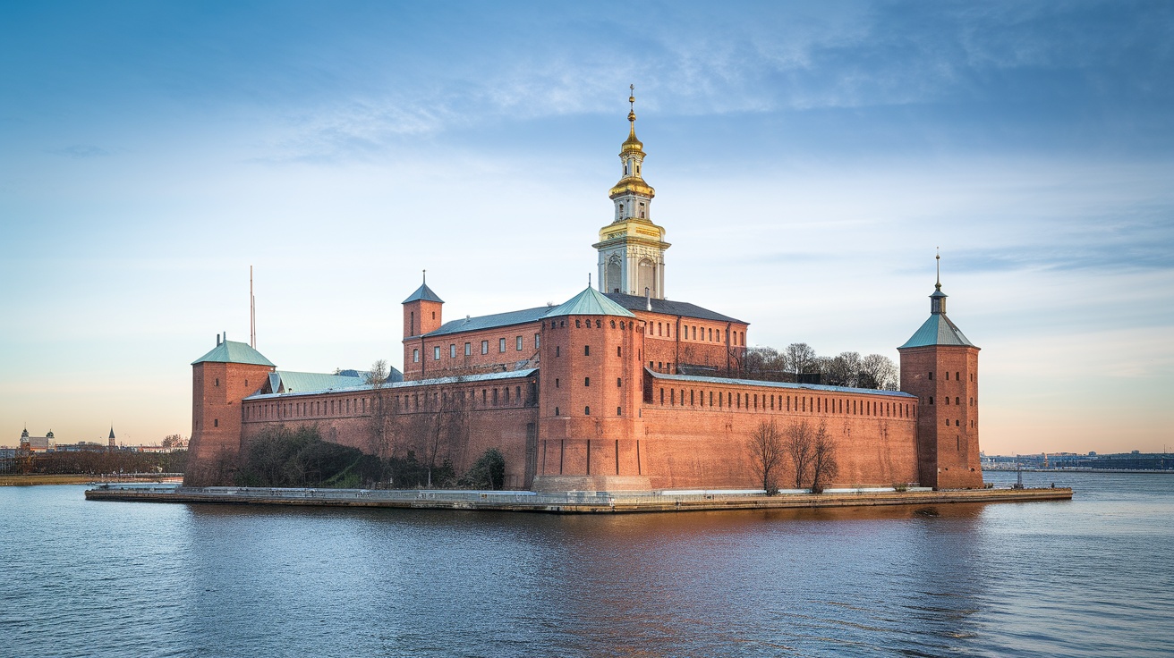 The Peter and Paul Fortress surrounded by water and a clear sky.