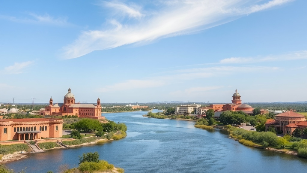 A scenic view of the Rio Grande with historic buildings along the banks and a clear blue sky.