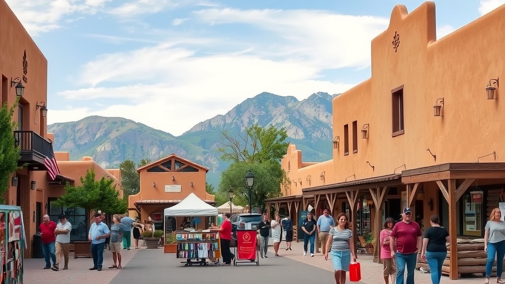 A bustling scene at the Historic Santa Fe Plaza with adobe buildings and mountains in the background.