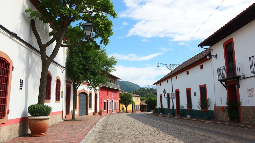 A serene street view in a historic town with colorful buildings and trees.