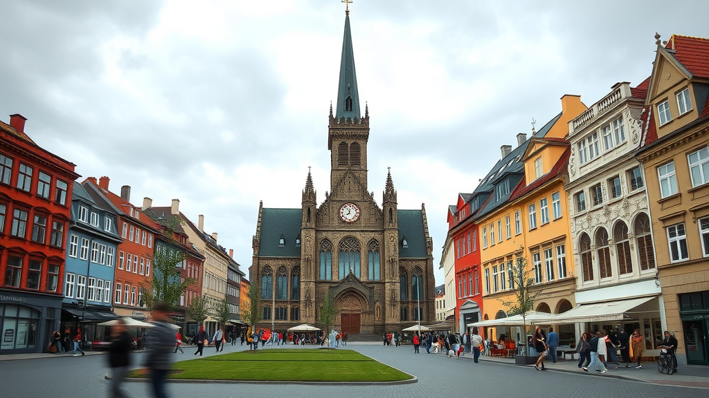 A view of Trondheim with colorful buildings and a prominent cathedral.